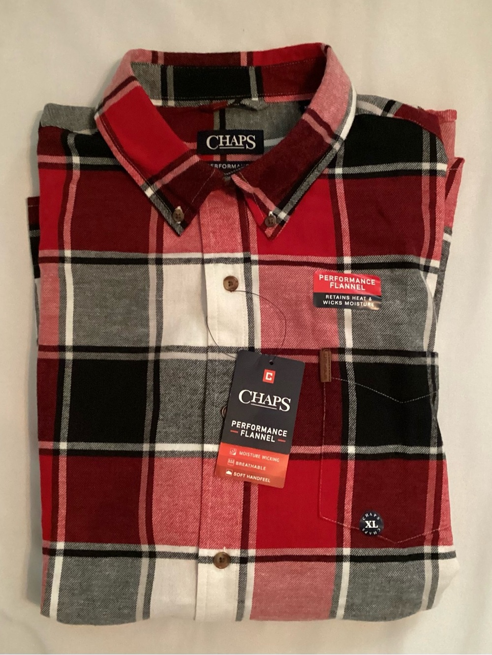 Chaps Performance Men’s red black white Plaid Flannel Long Sleeve Shirt Size XL